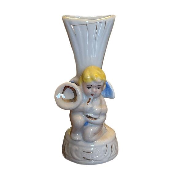 Vintage 1950s MCM Mini Victorian Style Figure 3D Angel Bud Vase Japan Back Stamp - Picture 2 of 4